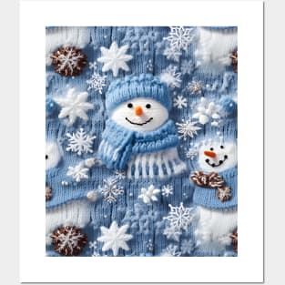 Funny Snowmen Retro Chrismas Snowflakes Blue Knitted Pattern Posters and Art